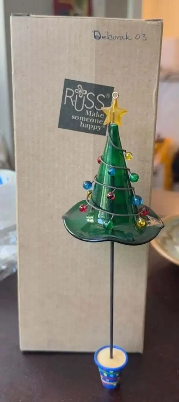 Russ Berrie Glass Christmas Tree Ornament with Star and Pot Base Original Box